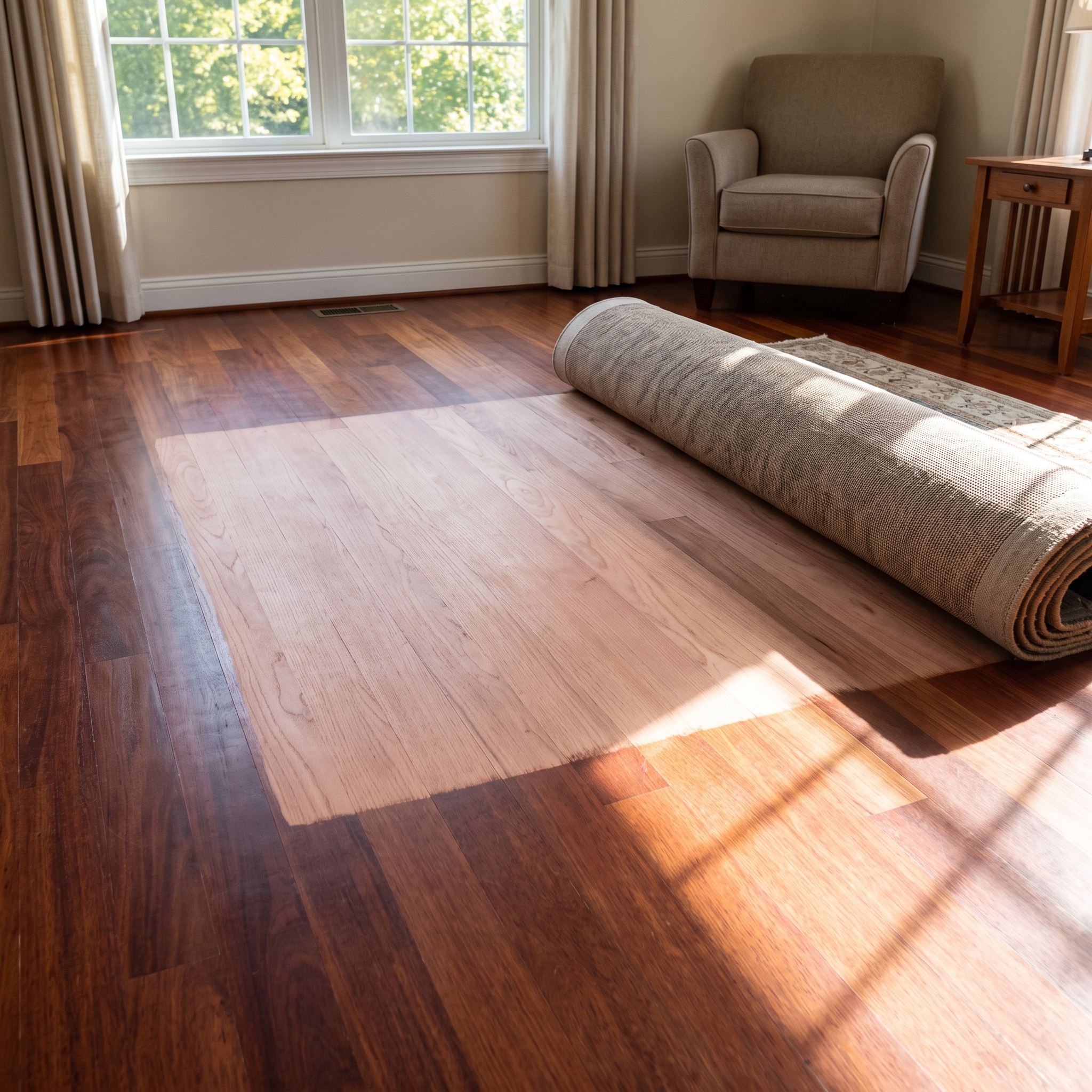 Pale rectangle on a cherry hardwood floor where a rug blocked the sun, surrounded by darker sun-exposed wood